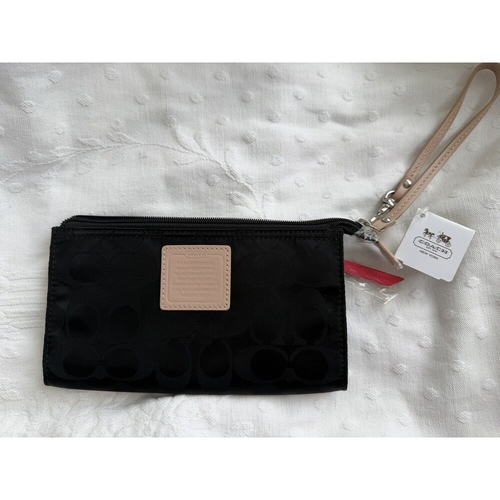 Coach Black Signature Nylon Wristlet  Wallet Hot Pink And Black NWT